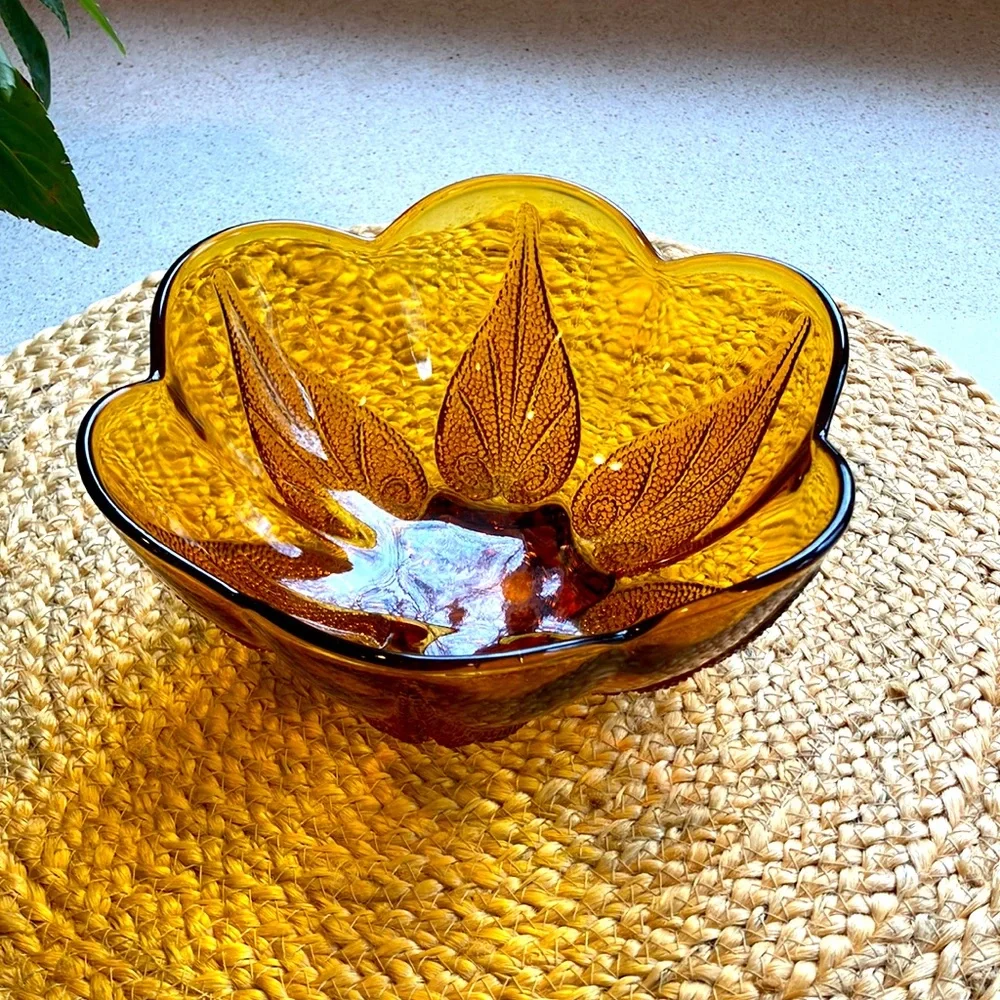 Vintage Amber Bowl with Leaf Pattern